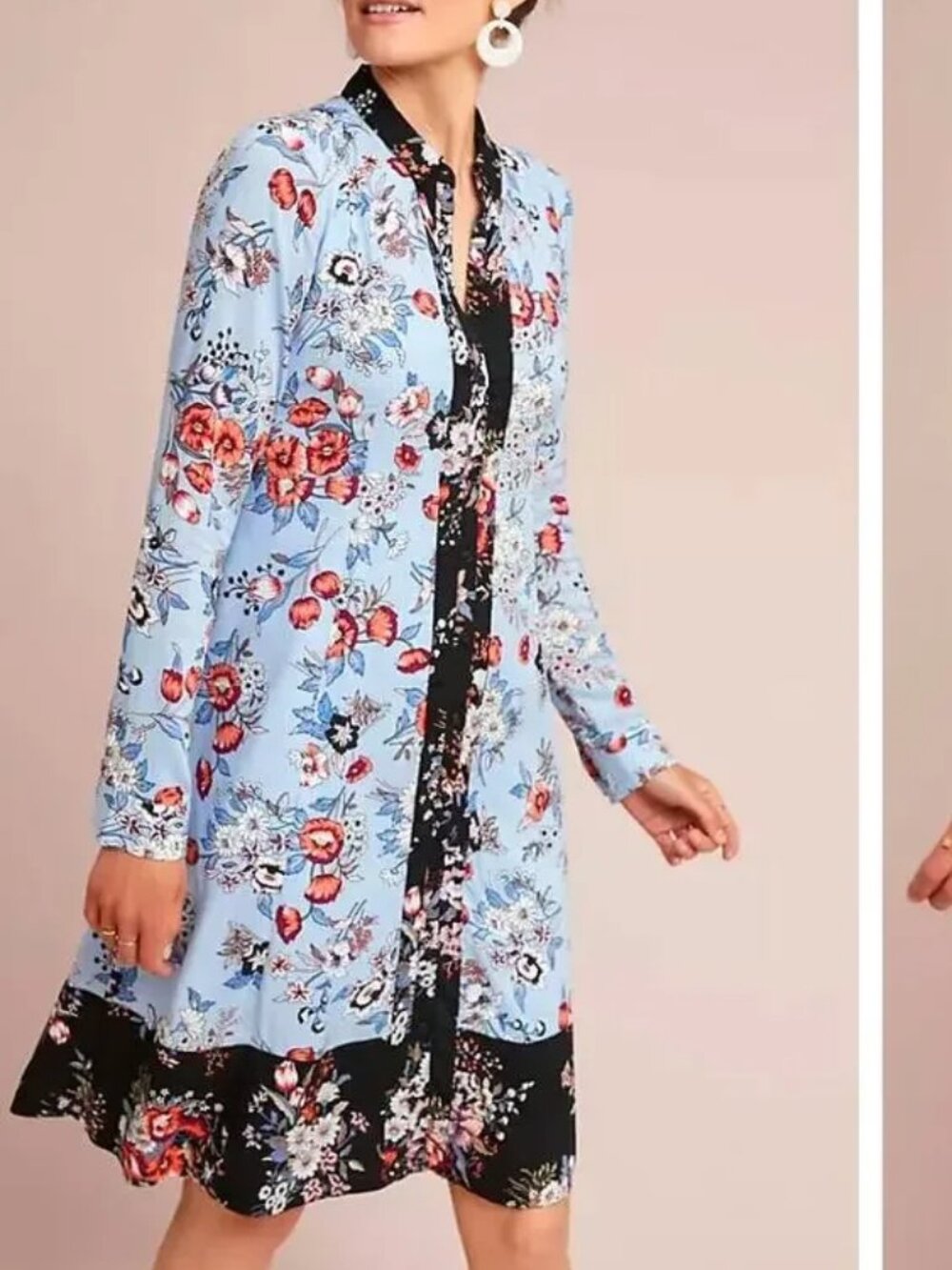 Maeve (Anthropologie) | Light Blue Black FloralLong Sleeve Button-Front Dress 14
